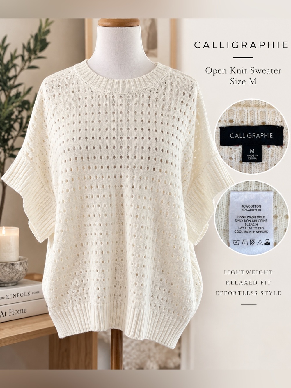 Calligraphie Ivory Open Knit Sweater Top Size M Dolman Short Sleeve